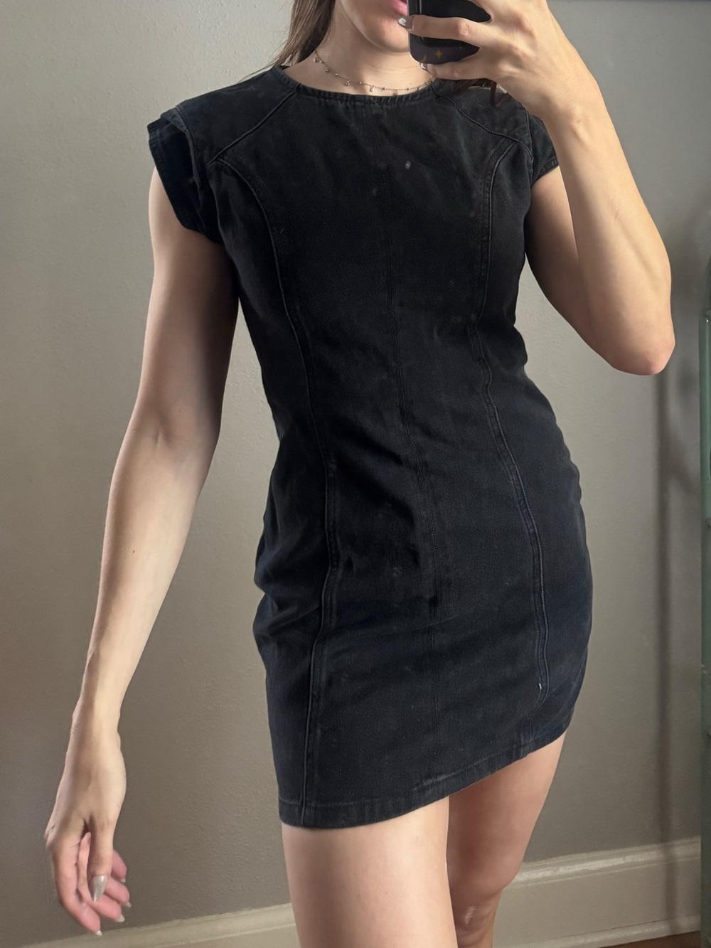Black Denim Cap-Sleeve Mini Dress